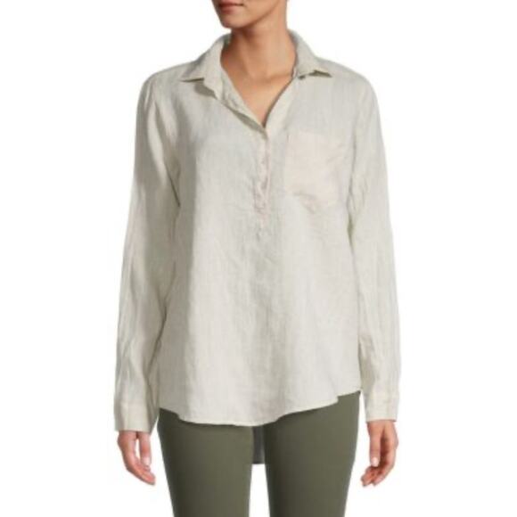 Saks Fifth Avenue Linen Blouse Large Beige Lagenlook Minimalist Quiet Luxury - Picture 1 of 7